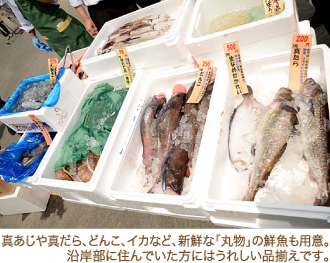 真あじや真だら、どんこ、イカなど、新鮮な「丸物」の鮮魚も用意。沿岸部に住んでいた方にはうれしい品揃えです。