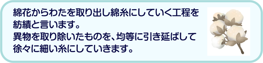 綿花からわたを取り出し綿糸にしていく工程を紡績と言います。異物を取り除いたものを、均等に引き延ばして徐々に細い糸にしていきます。