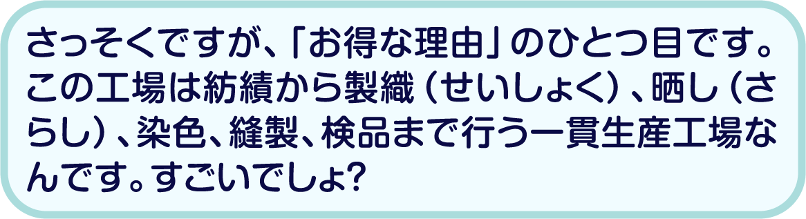 さっそくですが、「お得な理由」のひとつ目です。この工場は紡績から製織（せいしょく）、晒し（さらし）、染色、縫製、検品まで行う一貫生産工場なんです。すごいでしょ？