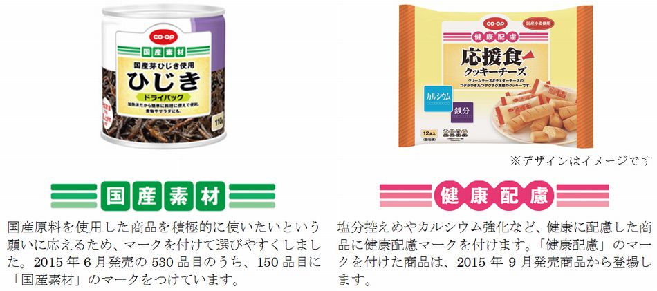 「国産素材」「健康配慮」マーク付商品例