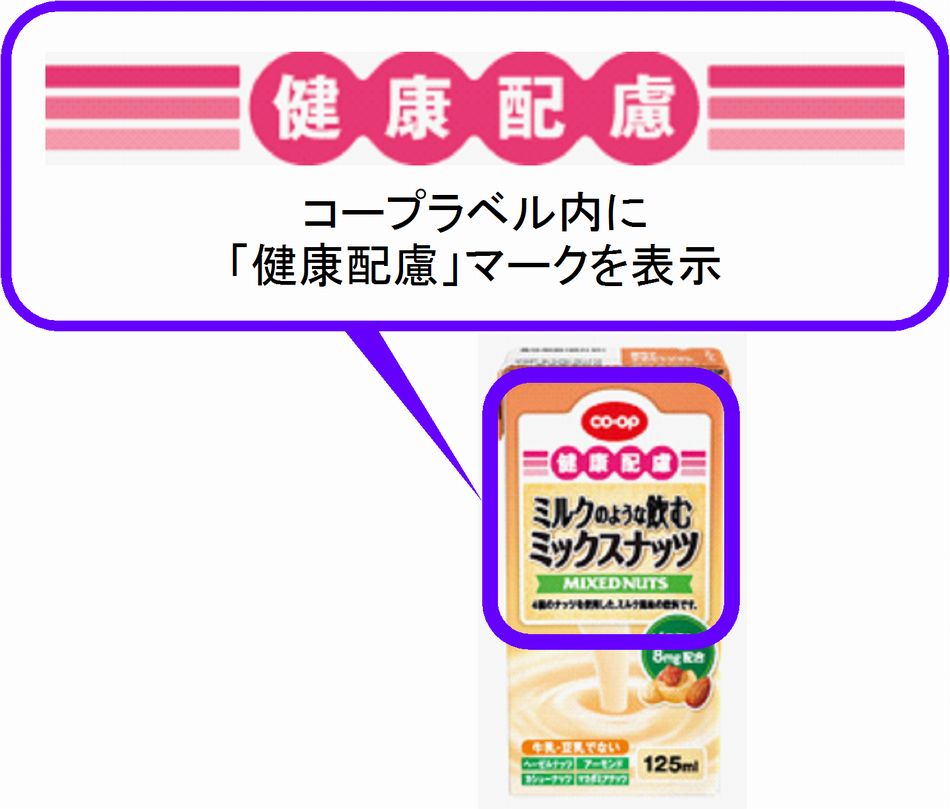 健康に配慮した商品には、コープラベル内に「健康配慮マーク」を表示しています。