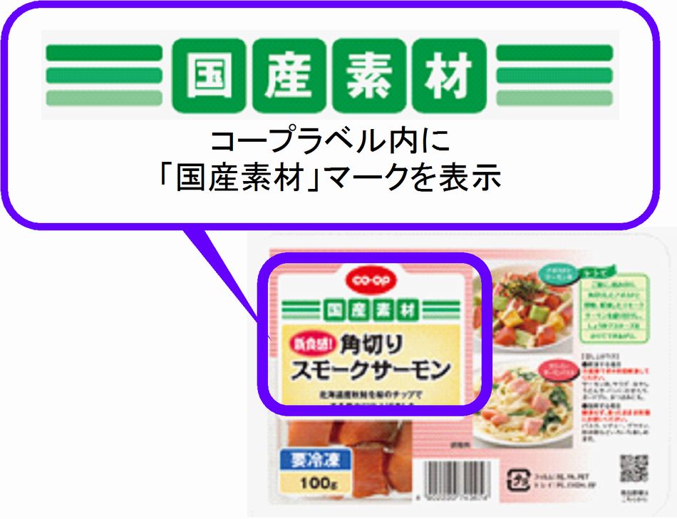 国産素材を使った商品には、コープラベル内に「国産素材」マークを表示しています。